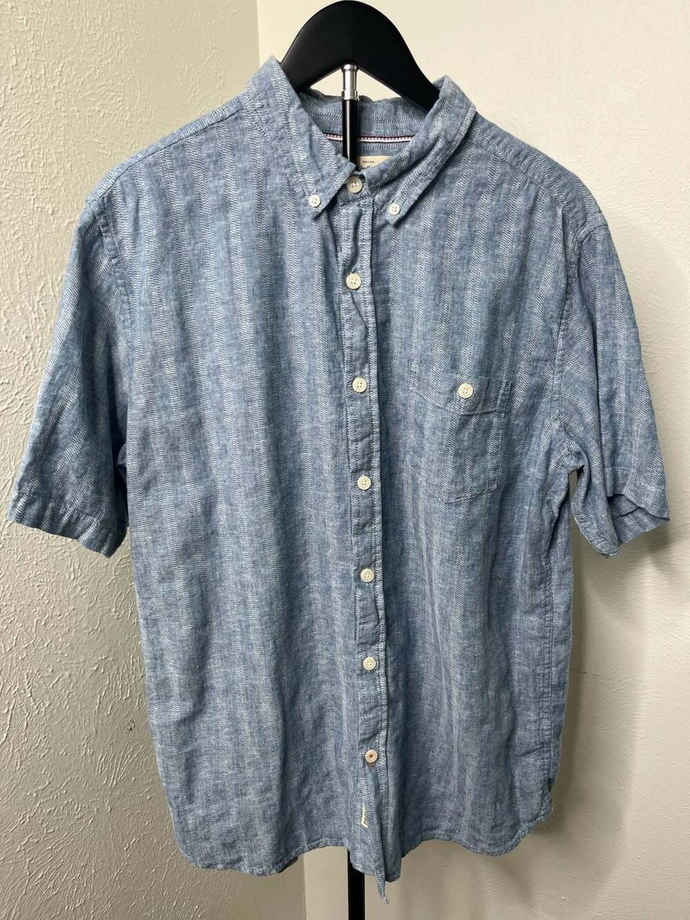 Blue Washable Linen Short Sleeve Button-Down Shirt Coastal Casual